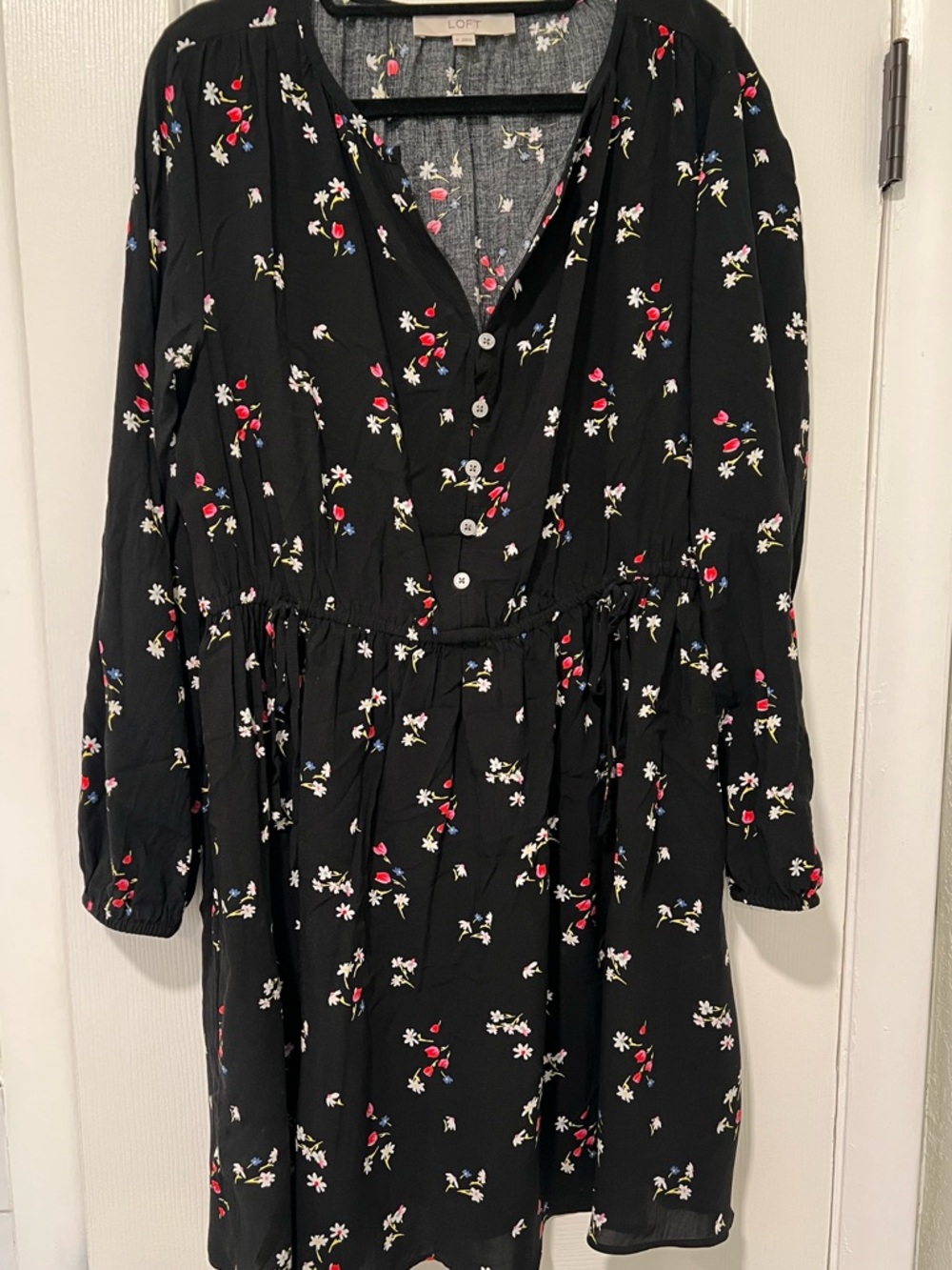 LOFT - Black Floral Button-Front Long Sleeve Drawstring Mini Dress